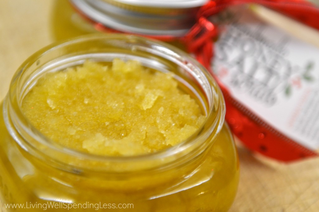 Spoon the diy salt scrub into a cute wide-mouth jar or container. 
